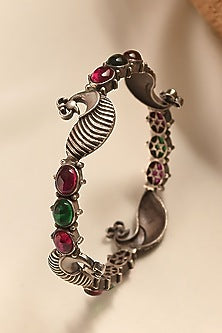White Finish Red & Green Kemp Stone Temple Tribal Bangle In Sterling Silver
