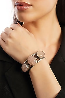 White Finish Rose Quartz Stone Temple Tribal Cuff In Sterling Silver