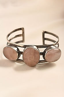 White Finish Rose Quartz Stone Temple Tribal Cuff In Sterling Silver