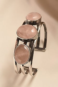 White Finish Rose Quartz Stone Temple Tribal Cuff In Sterling Silver