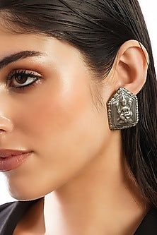 White Finish Temple Tribal Dangler Earrings In Sterling Silver