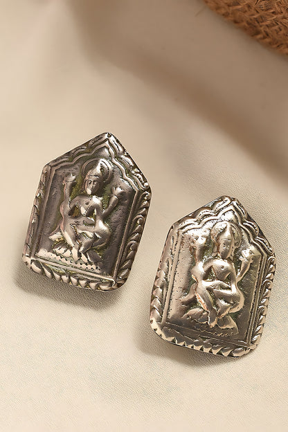White Finish Temple Tribal Dangler Earrings In Sterling Silver