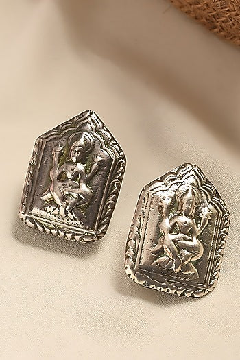 White Finish Temple Tribal Dangler Earrings In Sterling Silver