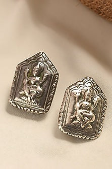 White Finish Temple Tribal Dangler Earrings In Sterling Silver