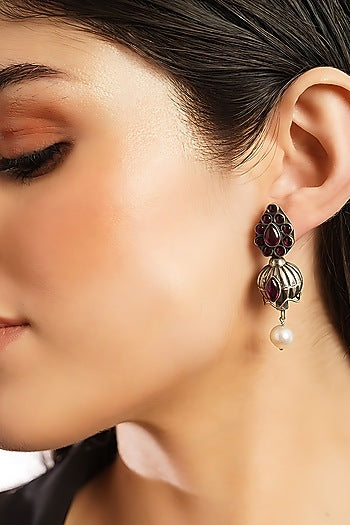 White Finish Ruby & Onyx Temple Tribal Dangler Earrings In Sterling Silver