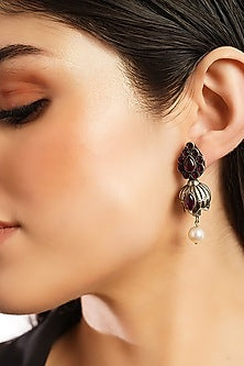 White Finish Ruby & Onyx Temple Tribal Dangler Earrings In Sterling Silver