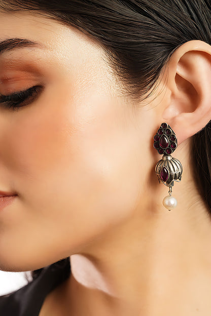 White Finish Ruby & Onyx Temple Tribal Dangler Earrings In Sterling Silver