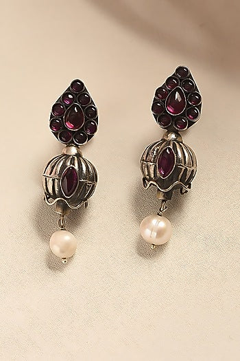 White Finish Ruby & Onyx Temple Tribal Dangler Earrings In Sterling Silver