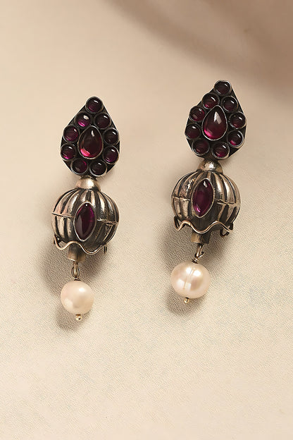 White Finish Ruby & Onyx Temple Tribal Dangler Earrings In Sterling Silver