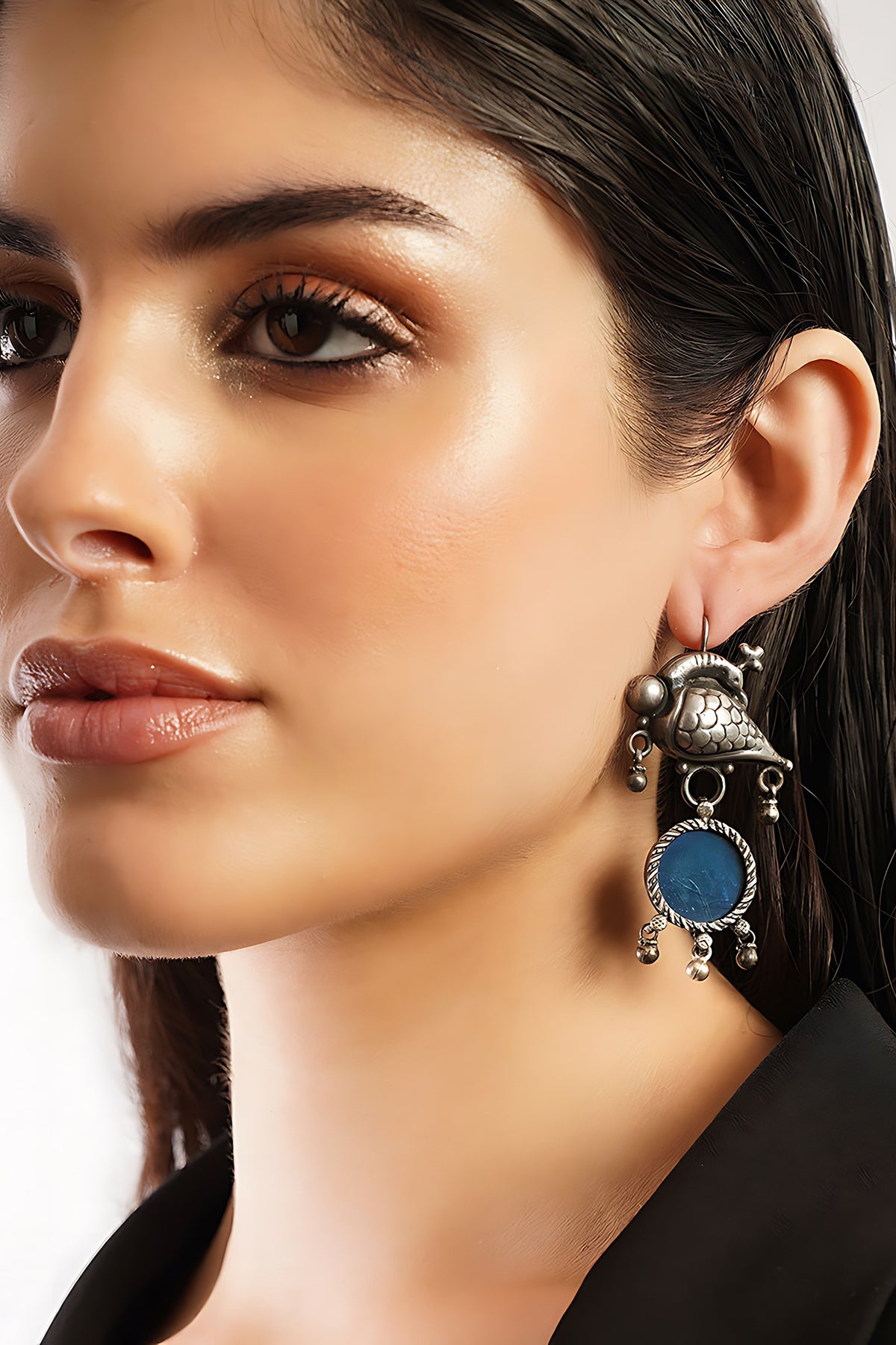 White Finish Blue Temple Tribal Dangler Earrings In Sterling Silver