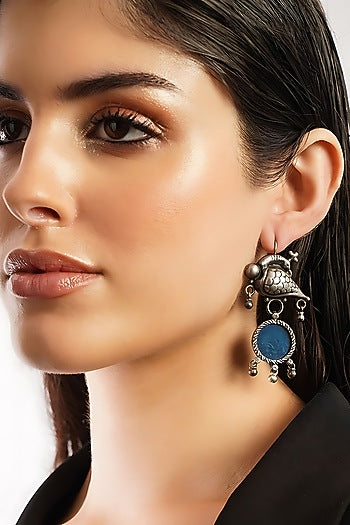 White Finish Blue Temple Tribal Dangler Earrings In Sterling Silver