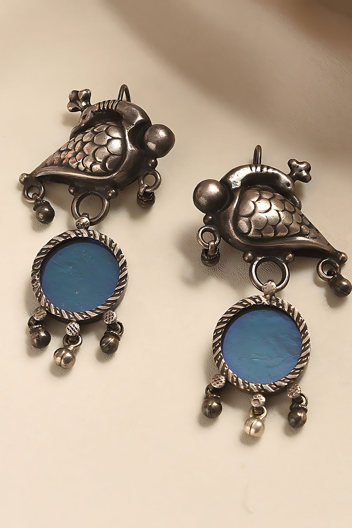 White Finish Blue Temple Tribal Dangler Earrings In Sterling Silver