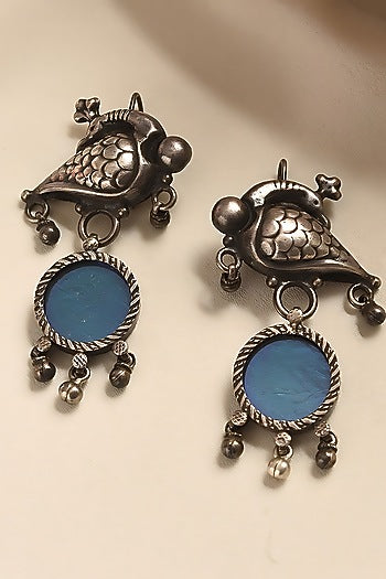 White Finish Blue Temple Tribal Dangler Earrings In Sterling Silver
