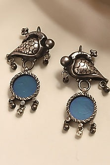 White Finish Blue Temple Tribal Dangler Earrings In Sterling Silver