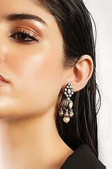 White Finish Pearl Temple Tribal Dangler Earrings In Sterling Silver