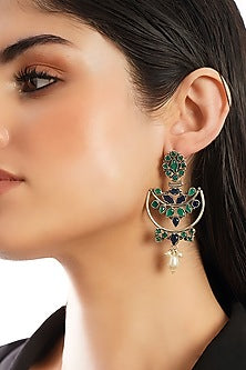 White Finish Onyx & Sapphire Temple Tribal Dangler Earrings In Sterling Silver