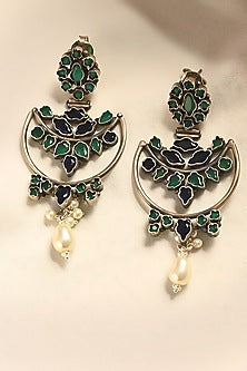 White Finish Onyx & Sapphire Temple Tribal Dangler Earrings In Sterling Silver