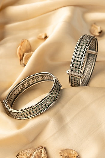 White Finish Kemp Stone Temple Bangles In Sterling Silver (Set Of 2)