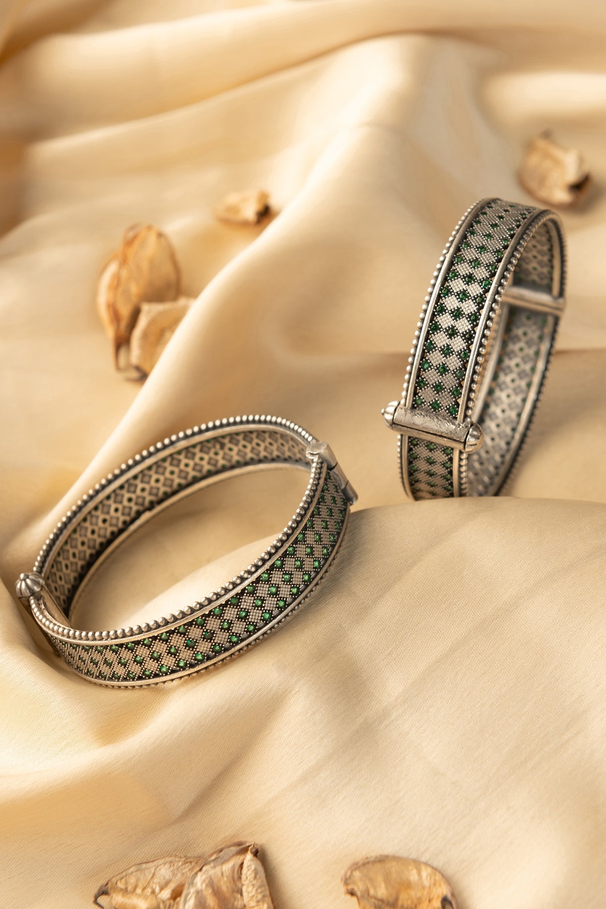 White Finish Kemp Stone Temple Bangles In Sterling Silver (Set Of 2)