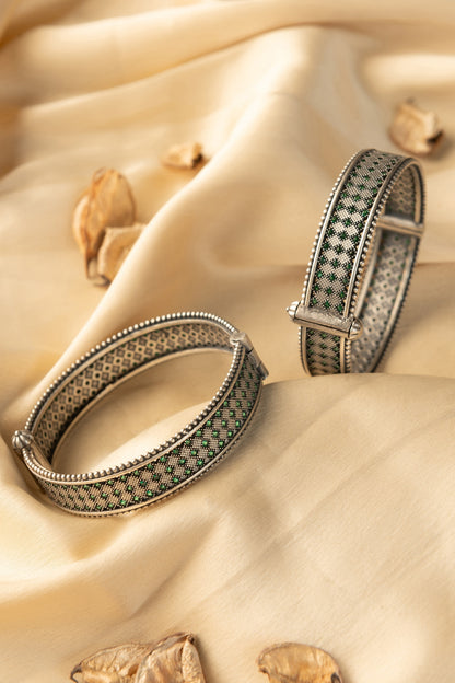 White Finish Kemp Stone Temple Bangles In Sterling Silver (Set Of 2)