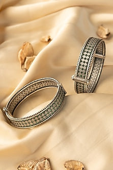 White Finish Kemp Stone Temple Bangles In Sterling Silver (Set Of 2)