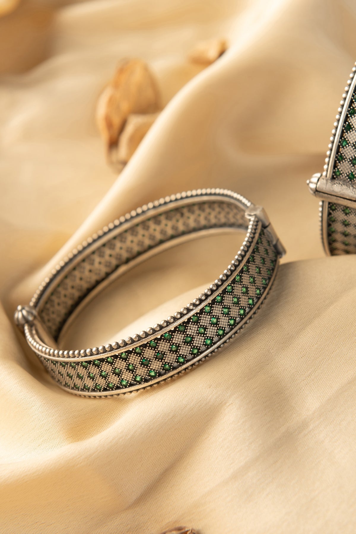 White Finish Kemp Stone Temple Bangles In Sterling Silver (Set Of 2)