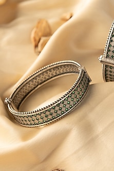 White Finish Kemp Stone Temple Bangles In Sterling Silver (Set Of 2)