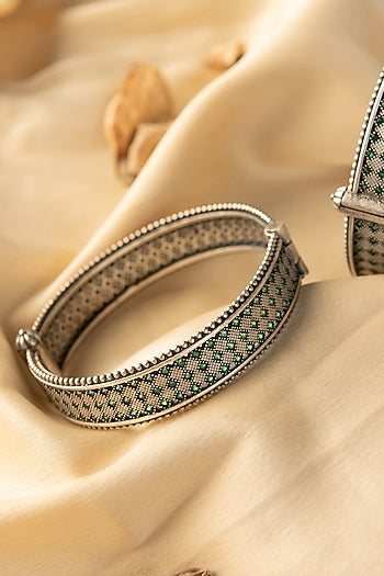 White Finish Kemp Stone Temple Bangles In Sterling Silver (Set Of 2)