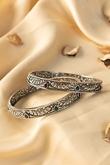 White Finish Kemp Stone Temple Bangles In Sterling Silver (Set Of 2)