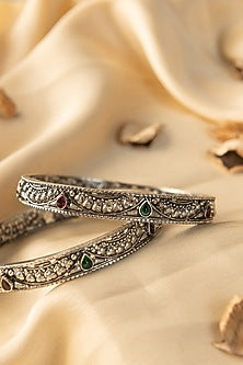 White Finish Kemp Stone Temple Bangles In Sterling Silver (Set Of 2)
