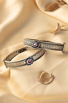 White Finish Kemp Stone Temple Bangles In Sterling Silver (Set Of 2)