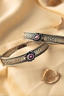 White Finish Kemp Stone Temple Bangles In Sterling Silver (Set Of 2)