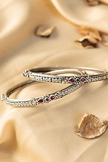 White Finish Temple Bangles In Sterling Silver (Set Of 2)