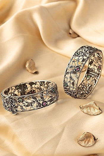 White Finish Kemp Stone Temple Bangles In Sterling Silver (Set Of 2)