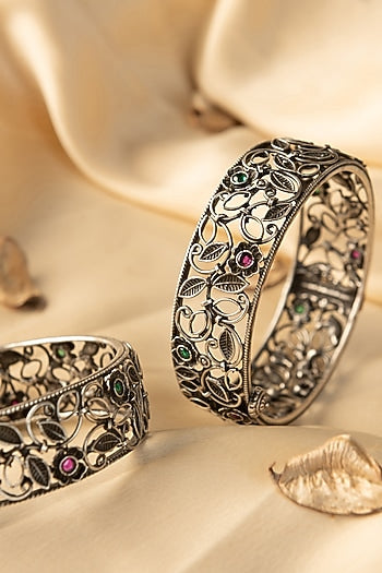 White Finish Kemp Stone Temple Bangles In Sterling Silver (Set Of 2)
