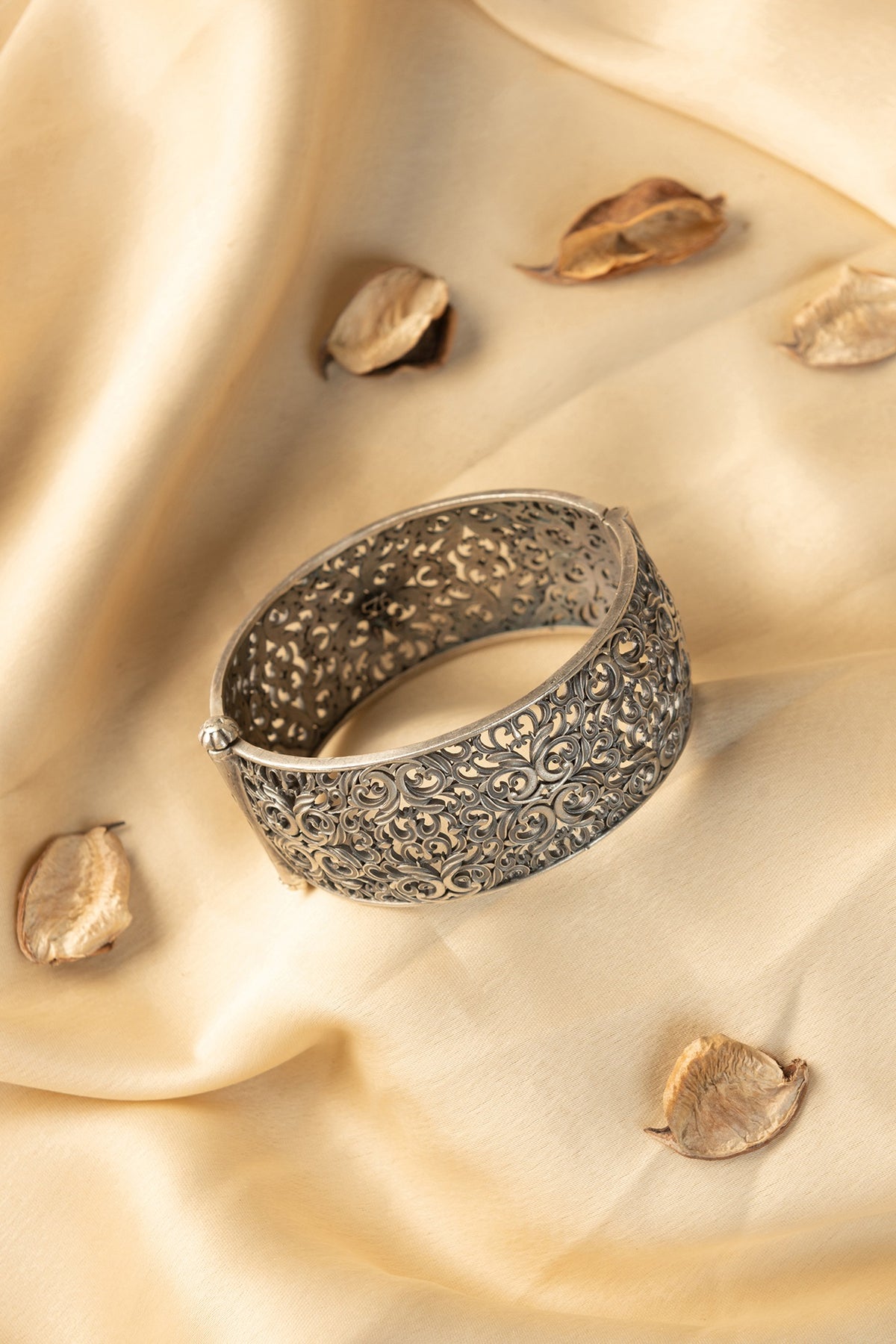 White Finish Temple Bangle In Sterling Silver