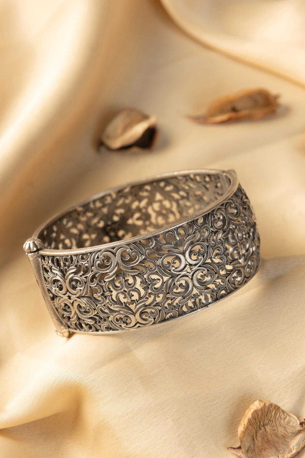 White Finish Temple Bangle In Sterling Silver