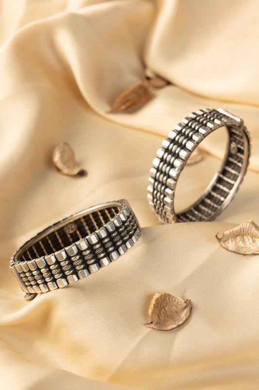 White Finish Temple Bangles (Set Of 2) In Sterling Silver
