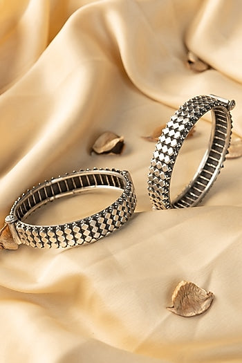 White Finish Temple Bangles (Set Of 2) In Sterling Silver