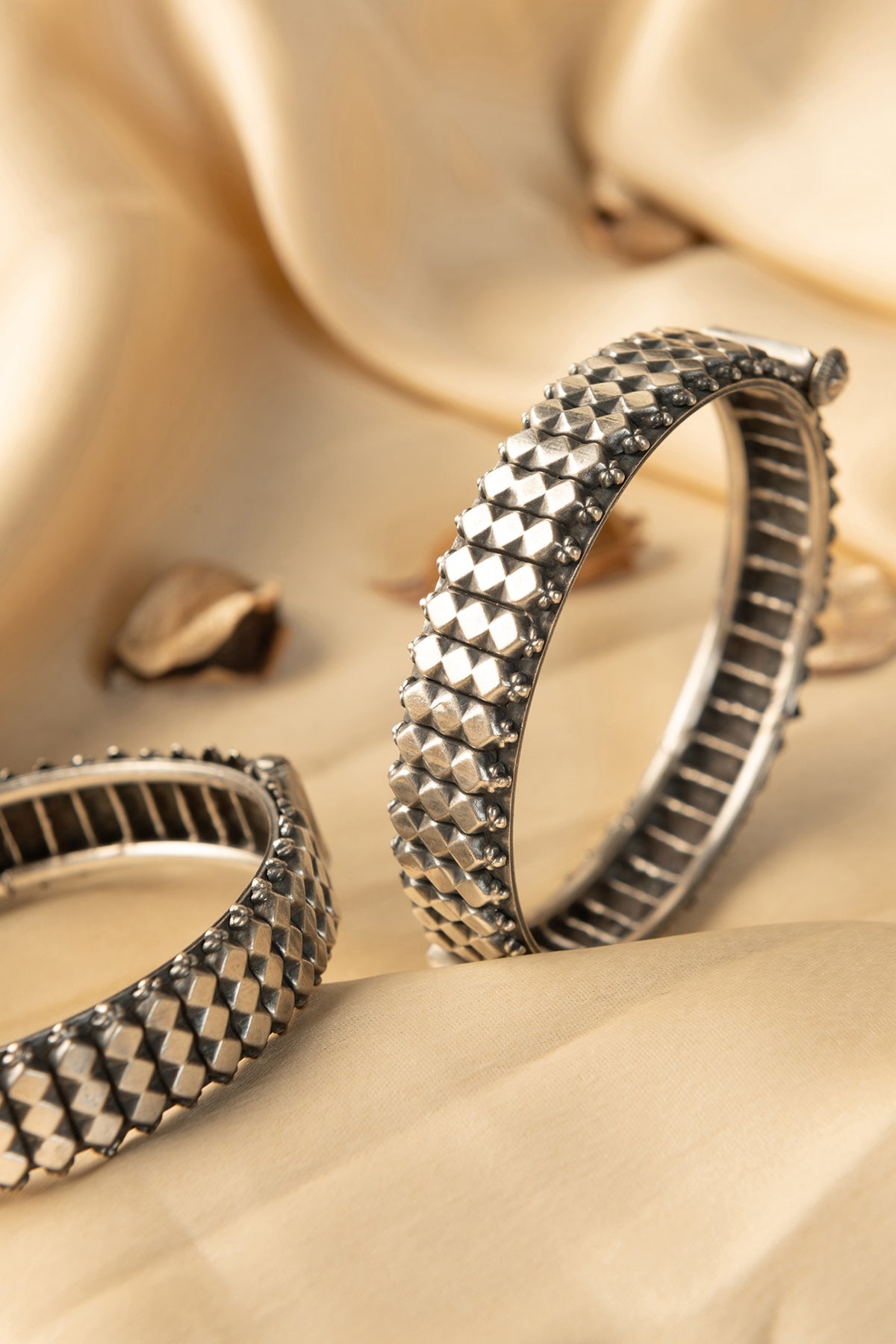 White Finish Temple Bangles (Set Of 2) In Sterling Silver