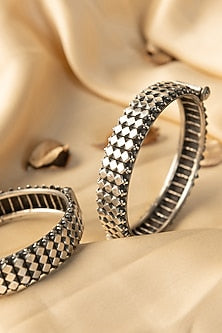 White Finish Temple Bangles (Set Of 2) In Sterling Silver