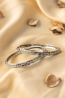 White Finish Kempstone Temple Bangles (Set Of 2) In Sterling Silver