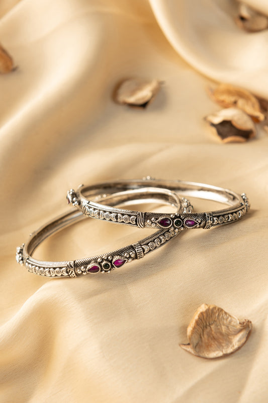 White Finish Kempstone Temple Bangles (Set Of 2) In Sterling Silver