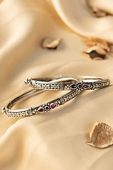 White Finish Kempstone Temple Bangles (Set Of 2) In Sterling Silver