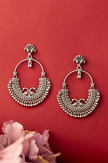 White Finish Temple Chandbali Earrings In Sterling Silver