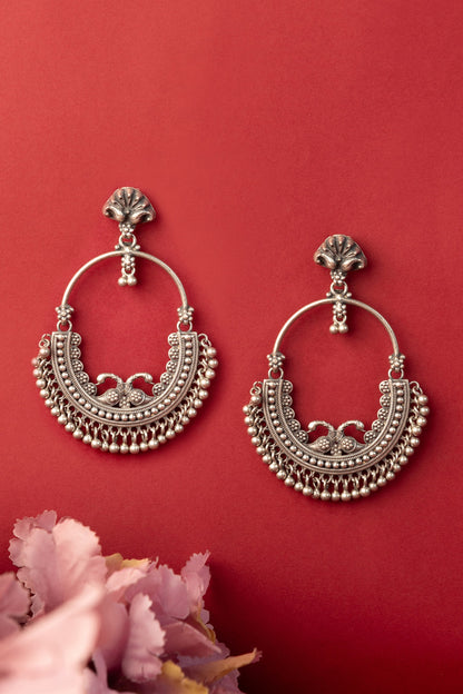 White Finish Temple Chandbali Earrings In Sterling Silver
