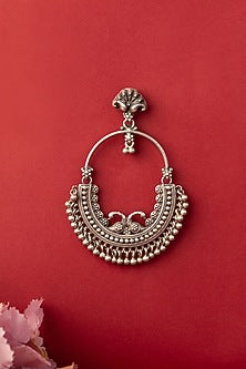 White Finish Temple Chandbali Earrings In Sterling Silver