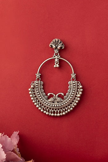 White Finish Temple Chandbali Earrings In Sterling Silver
