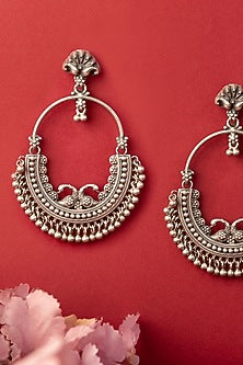 White Finish Temple Chandbali Earrings In Sterling Silver