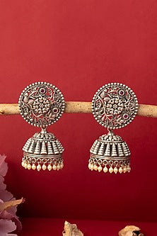 White Finish Pearl Temple Jhumka Earrings In Sterling Silver